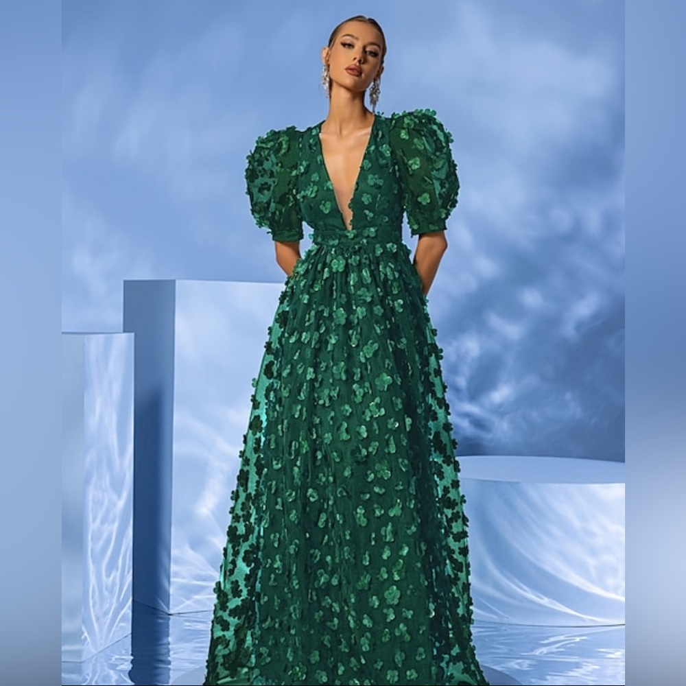 Women's Deep V-Neck Bubble Sleeve 3D Floral Embellished Mesh Evening Dress